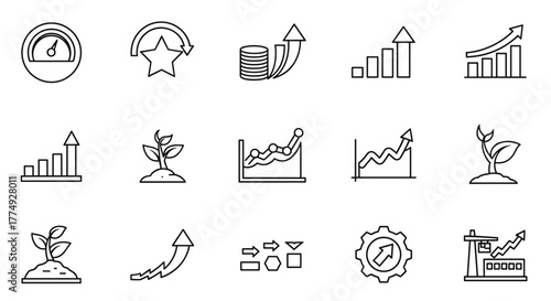 Growth icon set featuring performance, gain, improvement, grow, chart, increase, evolution, and development icons, presented as a solid collection of vector illustrations for business and finance