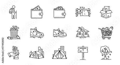 Homelessness Line Icon Set: A collection of minimalist vector graphics depicting poverty, destitution, and the struggles of living on the streets, including icons for trash, empty wallets, tents, and