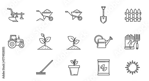 Set of agricultural and gardening icons in white outline on a black background, including a tractor, plow, wheelbarrow, shovel, watering can, rake, fence, seedling, potted plant, gloves, fork, seed
