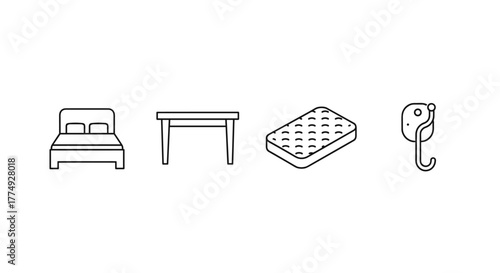 Simple linear illustration of furniture, featuring icons of a bed, table, mattress, and coat hook, ideal for design of cards, posts, apps, and websites, presented in a clean, modern, and minimalist