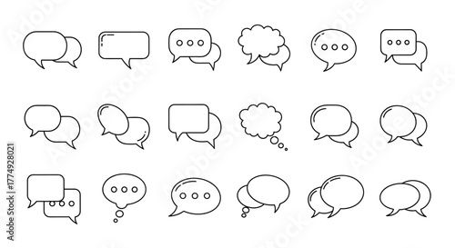 A comprehensive bundle of minimalistic speech bubble line icons, perfect for web and graphic design projects, including apps, banners, social networks, and cards, presented as a versatile vector