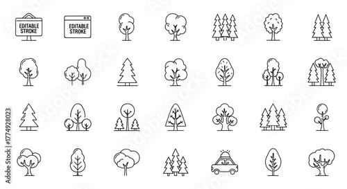 Collection of thin line art icons representing various trees and forest elements, perfect for web, books, cards, and apps. This editable stroke vector illustration features a clean white background