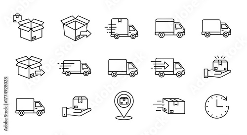 Delivery Line Icon Bundle: A Modern Collection for Design, Web Sites, Apps, and Cards, featuring Linear Images of Boxes and Vans, presented as an Ordered Line Icon Set on a Clean Background for