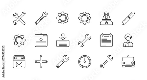 A collection of minimalist line icons representing various tools and settings, including gears, wrenches, a calendar, a slider, a timer, a briefcase, and a person icon, perfect for web design, app
