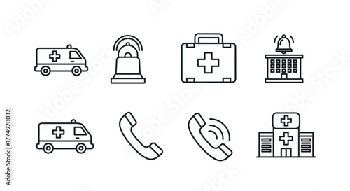 Emergency medical icons set, including ambulance, first aid box, emergency call, hospital building, and alarm bell, presented in a clean, minimalist line art style on a white background, symbolizing