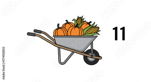 A vibrant illustration of a wheelbarrow overflowing with ripe pumpkins and ears of corn, symbolizing the abundance of autumn harvest and the joy of farm life, set against a dark background with the