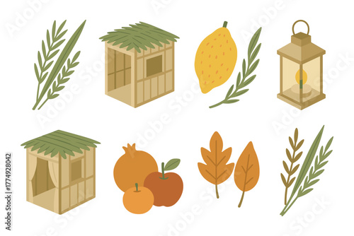 Sukkot festival icons: booths, branches, and fruits in flat design