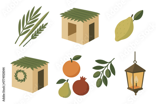 Flat sukkot symbols: lulav, etrog, sukkah, citrus, and lantern elements