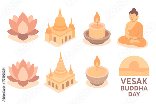 Vesak buddha day icons: lotus, stupa, candle, meditating buddha in pastel tones