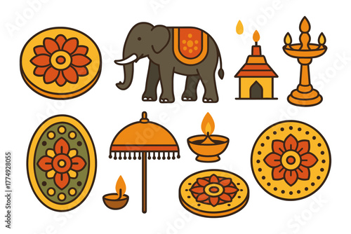 Colorful diwali symbols and traditional elements with elephant and rangoli