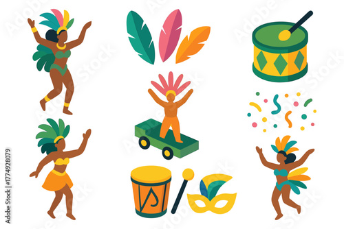 Colorful carnival celebration icons with dancers, drums, and feathers in isometric style