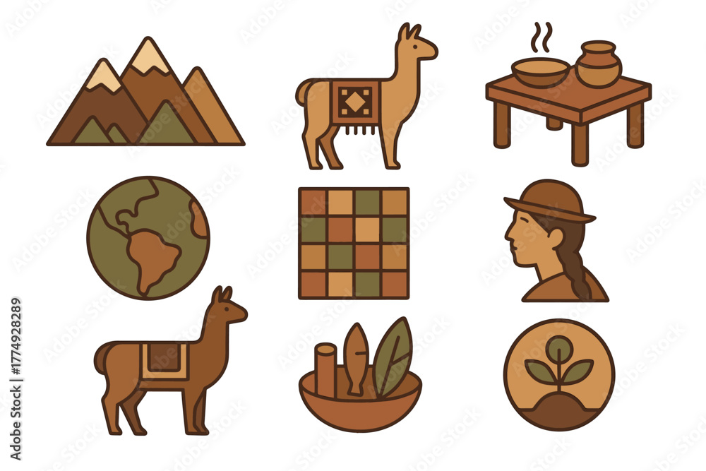 Obraz premium Andean culture elements: llamas, mountains, and traditional cuisine in flat design