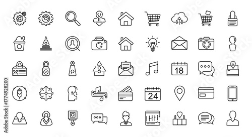 A comprehensive collection of 49 white outline icons on a black background, featuring essential symbols for graphic design, web development, mobile applications, and advertising, including business