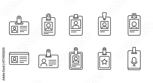 Collection of outline icons representing various types of identification cards, badges, and access passes, presented in a clean, linear style suitable for mobile and web design applications