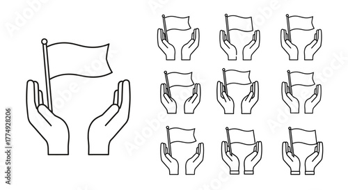 Simple line art illustration of a flag held between two cupped hands, symbolizing protection, support, or the presentation of an idea or nation. The set includes multiple instances of the icon