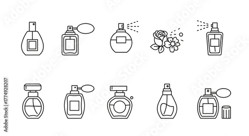 Collection of elegant perfume bottle line art icons, including spray bottles, atomizers, and decorative floral elements, perfect for web design, branding, and cosmetic applications, presented on a