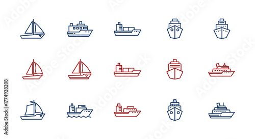 Collection of minimalistic linear pictograms representing various ships and boats in vibrant blue and red neon outlines against a black background, perfect for web design, app icons, social media