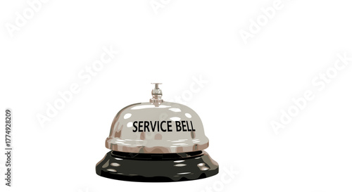 A gleaming silver service bell with the words "SERVICE BELL" clearly inscribed on its polished surface, isolated on a stark black background, symbolizing customer assistance, hospitality, and