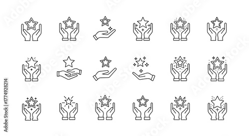 Collection of minimalistic thin outline icons depicting stars held between hands, symbolizing achievement, success, and recognition. These versatile vector graphics are perfect for web design, app