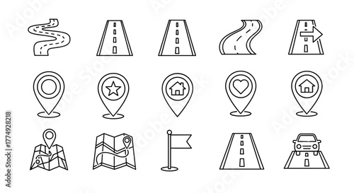 Collection of outline icons representing navigation and travel elements, including winding roads, straight highways, map pins with various icons like home, heart, and star, folded maps, a flag, and a