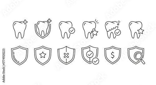 Set of minimalistic outline icons representing dental health and protection, featuring teeth with checkmarks, stars, and crosses, alongside shield icons with similar symbols, dollar signs, and