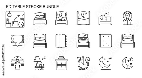 Editable stroke icon bundle featuring various bed types, sleeping figures, nightstands, alarm clocks, and celestial elements like moons and stars, perfect for web, books, cards, and apps, presented