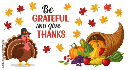 Vibrant Thanksgiving illustration featuring a cheerful cartoon turkey wearing a pilgrim hat, a cornucopia overflowing with harvest fruits and vegetables, and falling autumn leaves, accompanied by the