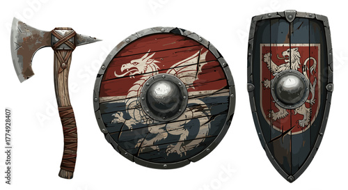Aged and weathered medieval weaponry, including a battle-worn axe and two distinct shields adorned with a fierce dragon and a heraldic lion, presented against a stark black background, evoking a