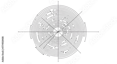 Abstract circular design with concentric spirals, rotating dots, and linear elements, creating a dynamic and futuristic visual effect. This vector graphic features a complex, symmetrical pattern