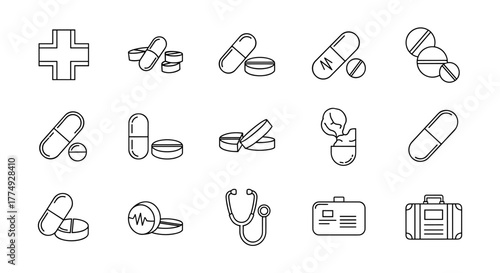 A comprehensive collection of thin line medical icons, featuring a prominent red cross, various pills and capsules, a stethoscope, and a medical suitcase, all rendered with editable strokes, perfect
