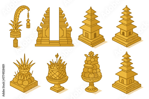 Traditional balinese icons in isometric style: temples, gates, and offerings