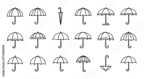 Set of four line art icons representing different types of umbrellas and parasols, including a classic bumbershoot, a beach parasol, and two other variations, all on a clean white background, perfect