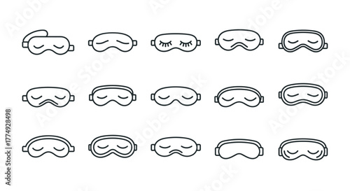 Collection of simple line art sleep masks, presented as a clean, ordered icon set on a white background, ideal for representing rest, sleep, and relaxation in various design projects. Each mask