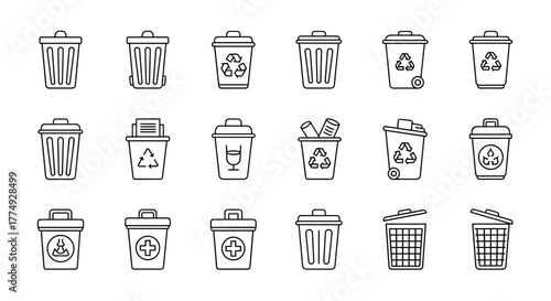 Collection of trash can icons with editable stroke, suitable for web sites, books, cards, and apps. This vector cartoon illustration features various types of bins including recycling bins, general