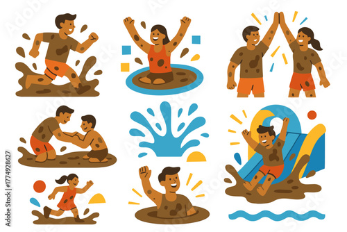 Kids enjoying muddy fun activities and water slides in playful outdoor adventure