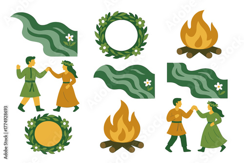 Folk dance festival elements with greenery, fire, and floral motifs in flat design