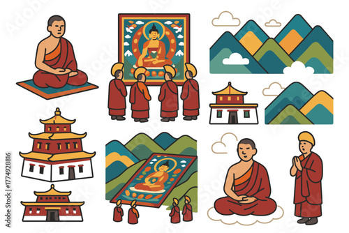 Buddhist monks and temples in flat style with mountain backgrounds