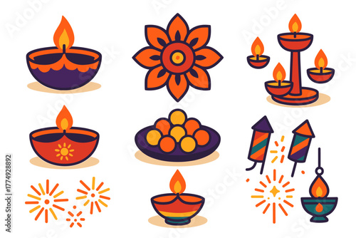 Colorful diwali icons: diyas, fireworks, and floral motifs for festive designs