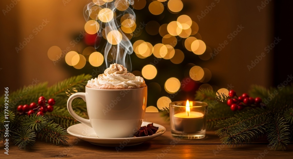 Fototapeta premium A steaming mug of hot chocolate with whipped cream next to a lit candle with a festive, warmly lit Christmas tree in the background.