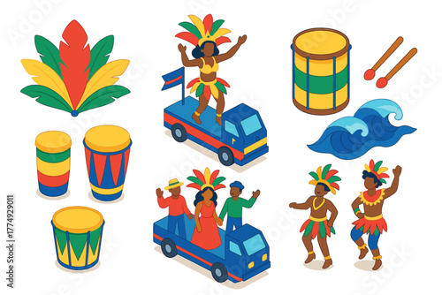 Isometric carnival parade with colorful costumes and drums celebration