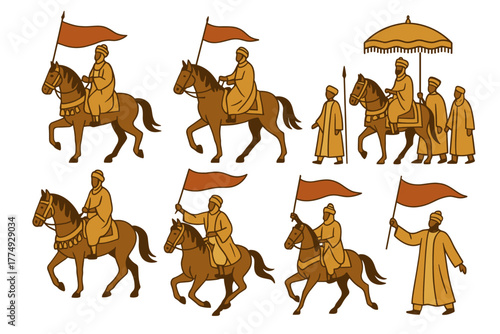 Historical cavalry and procession scene with riders and flag bearers in traditional attire