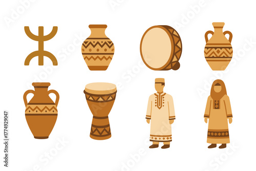 Traditional north african culture icons: pottery, music, clothing in flat style