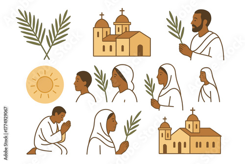 Palm sunday celebration with diverse people and churches in minimalist style