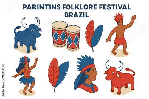 Parintins folklore festival elements in vibrant flat art style