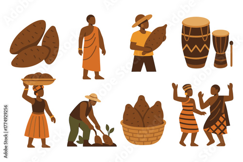 Cultural yam harvest and celebration in flat african style