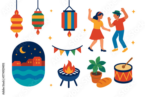 Festive celebration with lanterns, dance, and barbecue in a vibrant flat design
