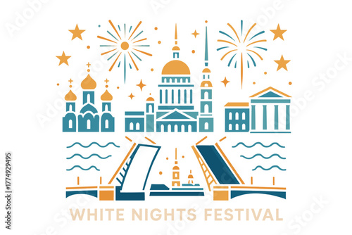White nights festival: celebrating iconic landmarks and fireworks in modern flat design