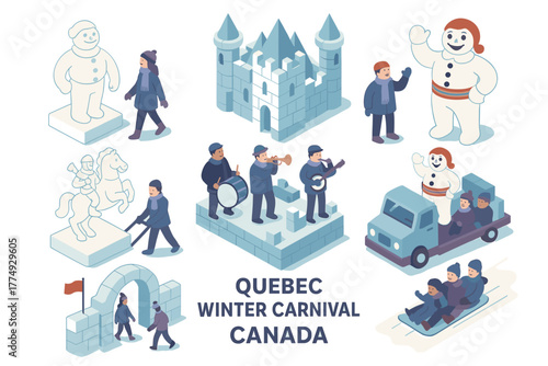 Quebec winter carnival festivities isometric design featuring iconic sculptures and activities
