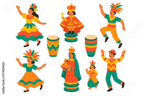 Colorful traditional festival icons featuring dancers and drummers in flat style