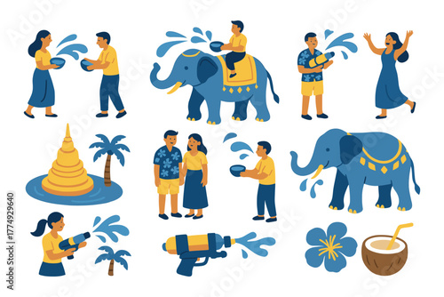 Colorful songkran festival: traditional water celebration with elephants and playful activities